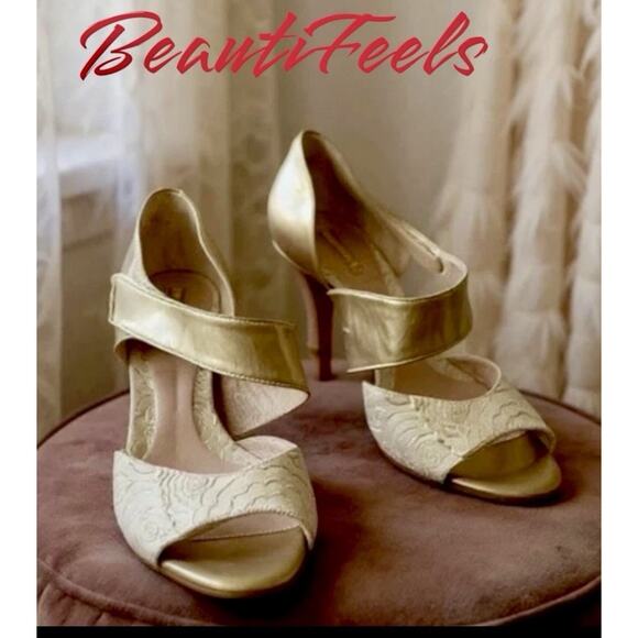 BeautiFeels Margo Gold Metallic Patent Suede Heels Sandals Shoes Womens 40 US 9 - Picture 1 of 13